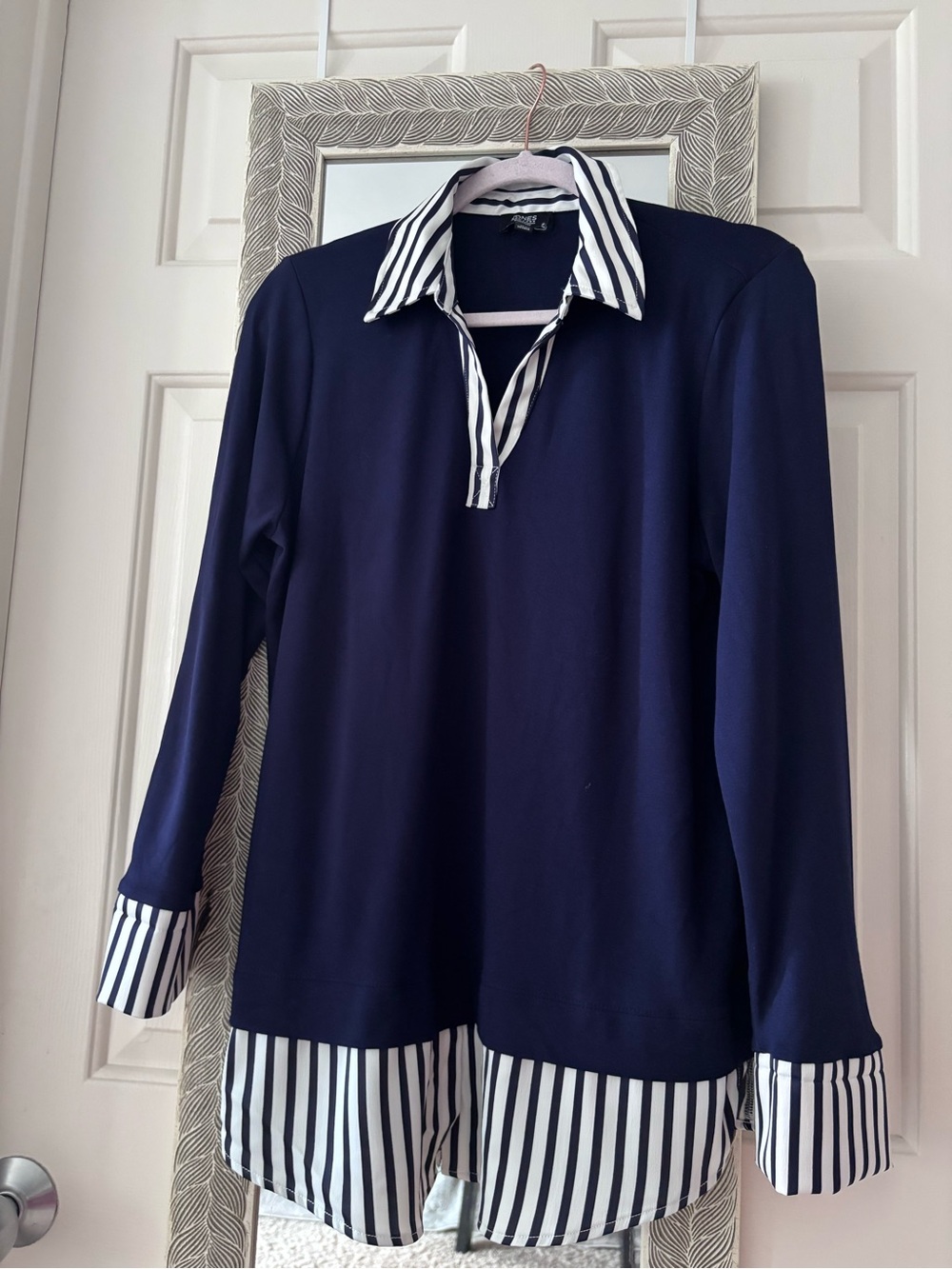 Jones New York Navy Long-Sleeve Tunic with Striped Trim